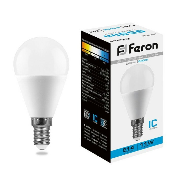 FERON Лампа светодиодная FERON, G45, 11 Вт, E14, 955 Лм, 6400 К, 220°, 92х45, холодный белый