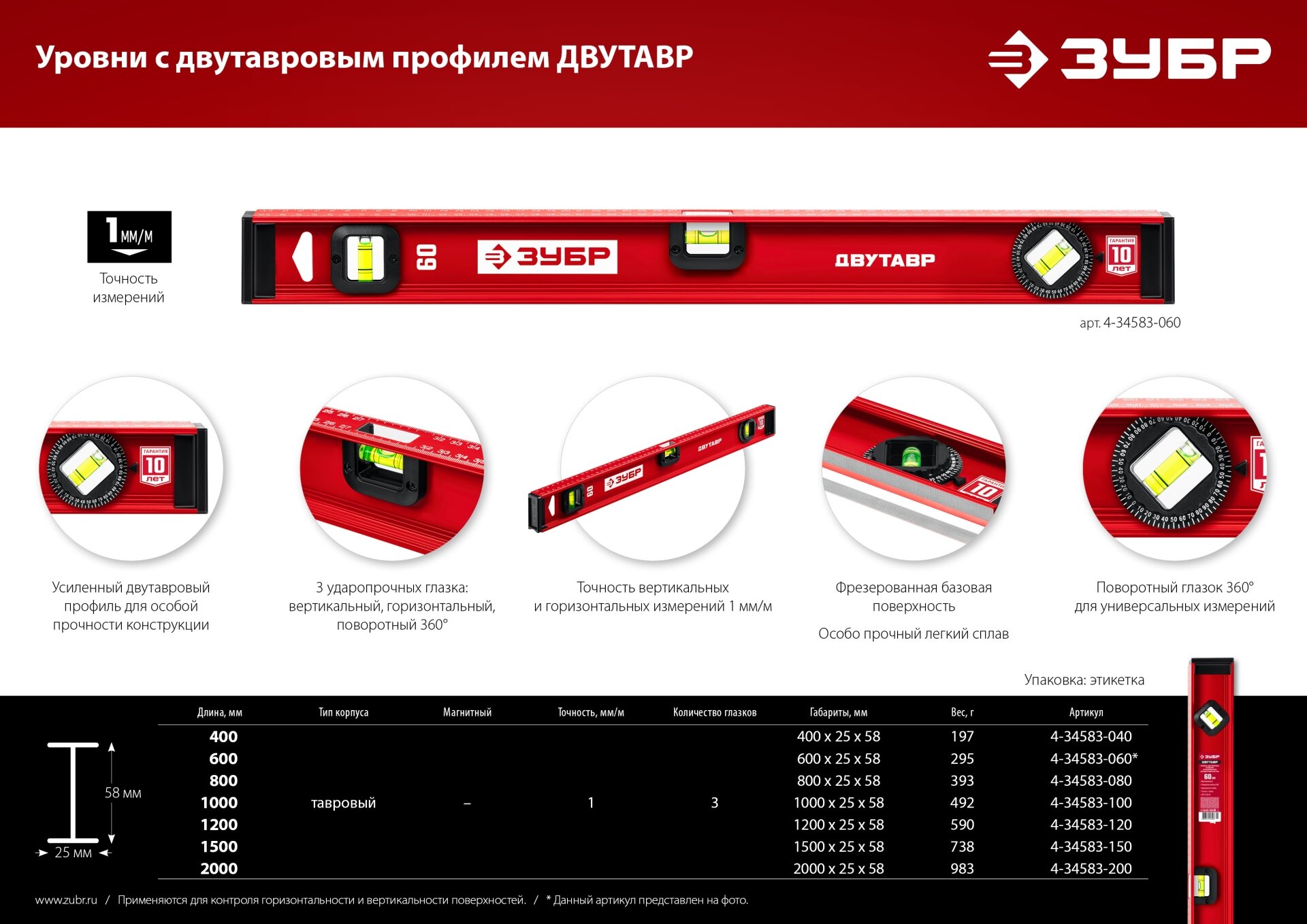 ЗУБР двутавр, 1200 мм, двутавровый, уровень с усиленным профилем (4-34583-120)