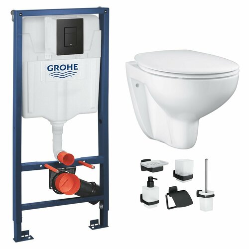 Инсталляция с унитазом Grohe Bau Rimless комплект 9 в 1: унитаз безободковый, инсталляция с кнопкой Grohe, сиденье микролифт, аксессуары Am.Pm