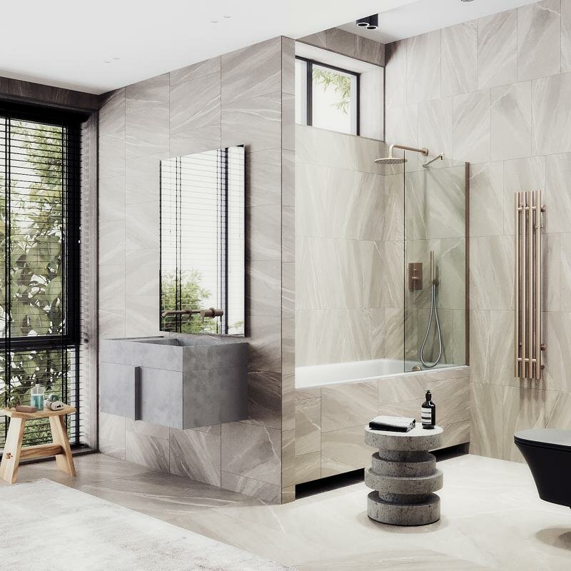 фото Maybah Glass Неподвижная шторка для ванны в широком профиле 80 см, стекло прозрачное, профиль бронза MGV-64-2ш Maybah Glass