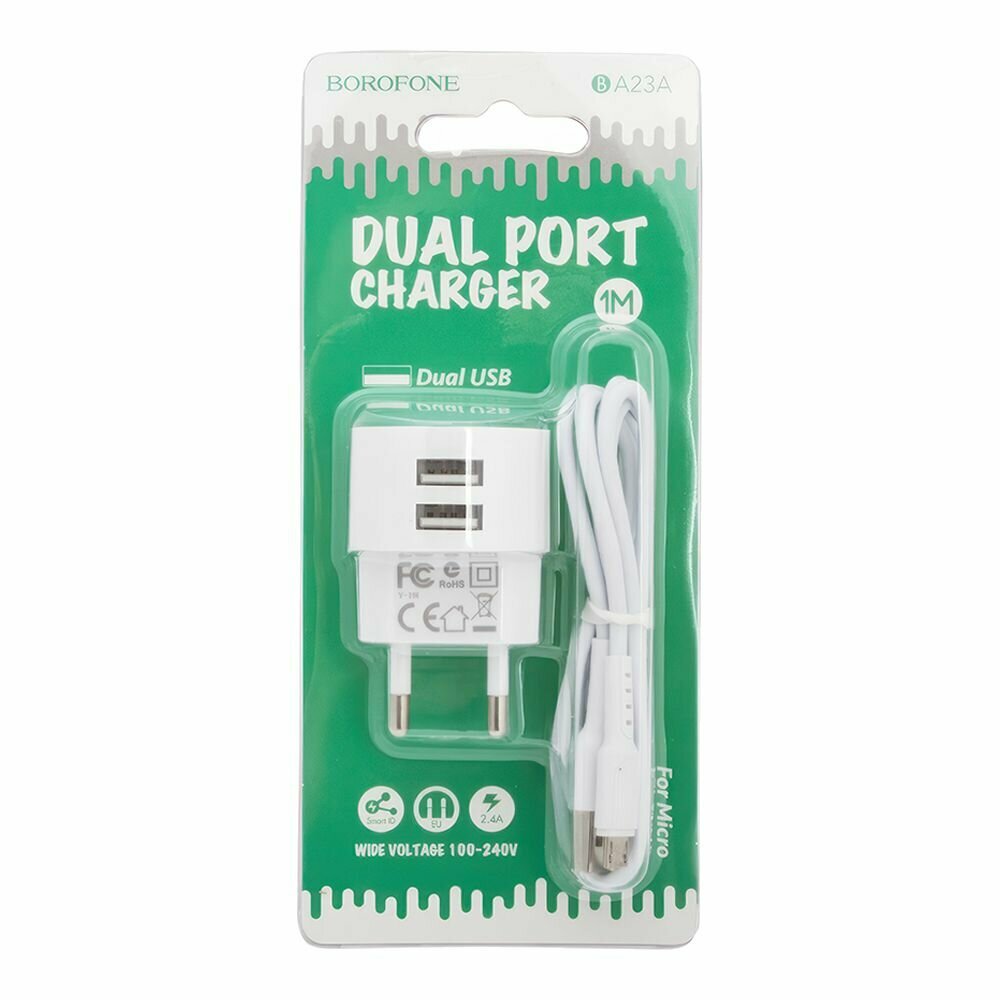 СЗУ BOROFONE BA23A Brilliant 2xUSB, 2.4А + кабель MicroUSB, 1м (белый) — фото 1