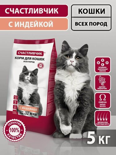 Изображение товара Корм сухой 5 кг Индейка для взрослых кошек всех пород, Счастливчик для активной и здоровой жизни