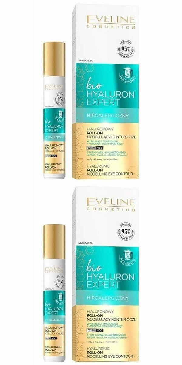 Eveline Cosmetics Гель для кожи вокруг глаз BioHyaluron Expert, гипоалергенный ролик против мешков и темных кругов, 15 мл, 2 шт.