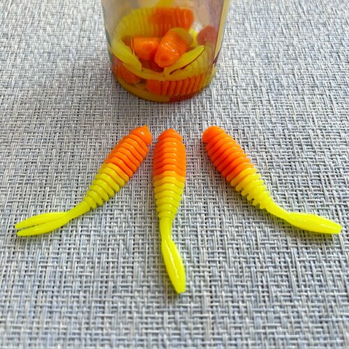 Силиконовая приманка для форели Креветка 55 мм, 10 шт в банке, аттрактант Сыр, цвет Лимон-Оранжевый