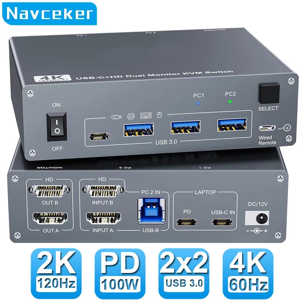 Navceker USB 3.0 USB-C HDMI KVM-переключатель 4K 60 Гц, ZY-KC202C