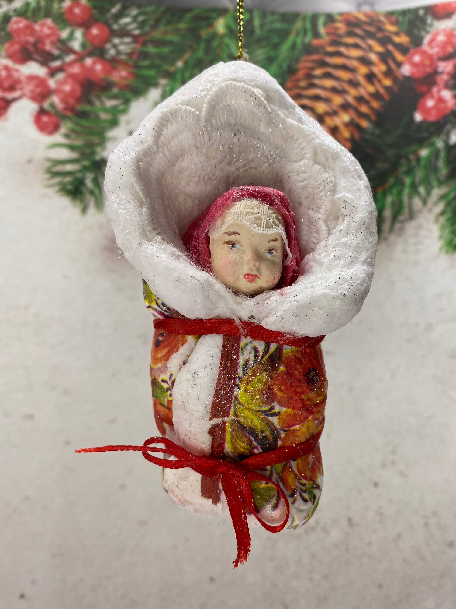 Ватная елочная игрушка ручной работы Пеленашка Девочка.