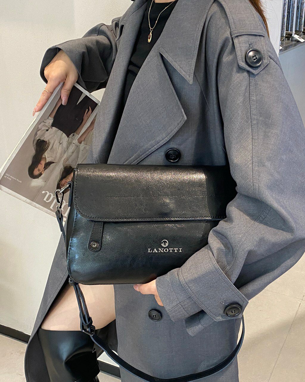 Сумка багет LANOTTI, фактура гладкая, черный — фото 1