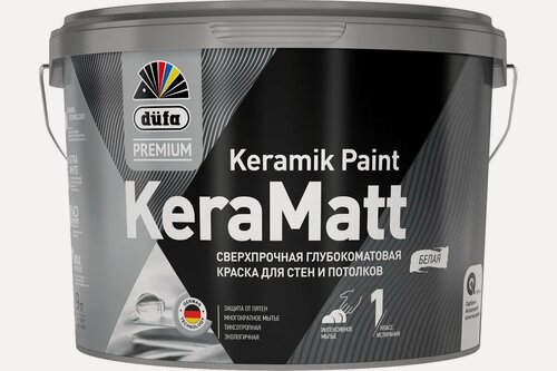 Изображение товара Краска Dufa Premium KeraMatt для стен и потолков, сверхпрочная, глубокоматовая, база 3 (бесцветная) 9л