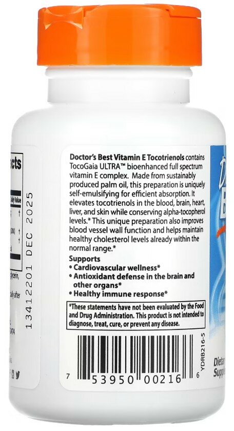 Витамин E Doctor's Best, Vitamin E Tocotrienols with TocoGaia Ultra, Витамин Е токотриенолы, 50 мг, 60 желатиновых капсул
