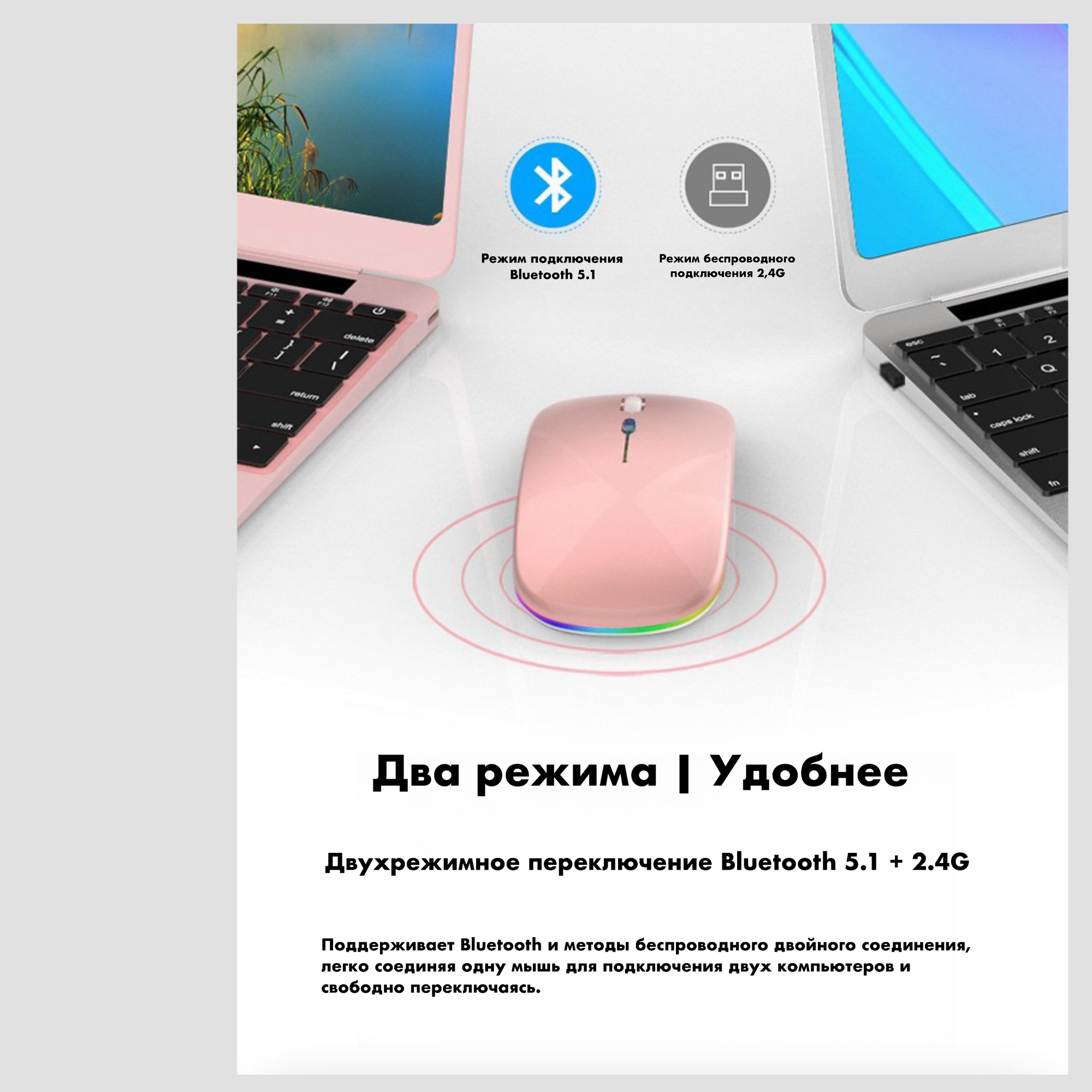 Мышь беспроводная бесшумная с RGB подсветкой, с аккумулятором, цвет черный. — фото 1