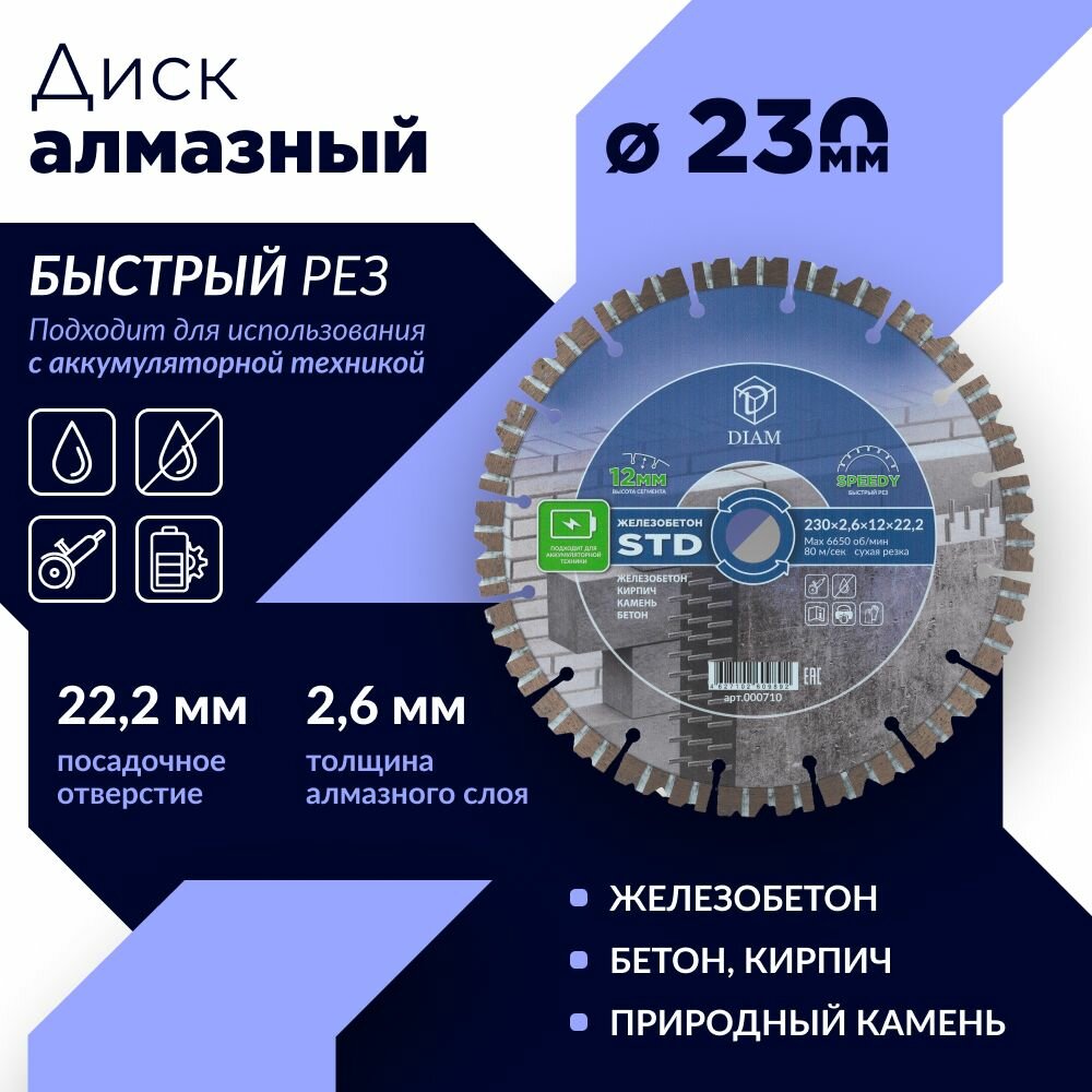 Сегментный алмазный круг DIAM железобетон STD 230*2,6*12*22,2