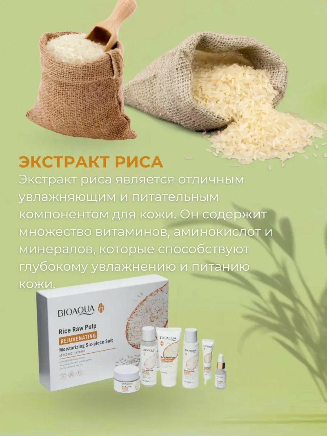 Набор для ухода за лицом Bioaqua, 6 в 1, омолаживающий, с экстрактом риса