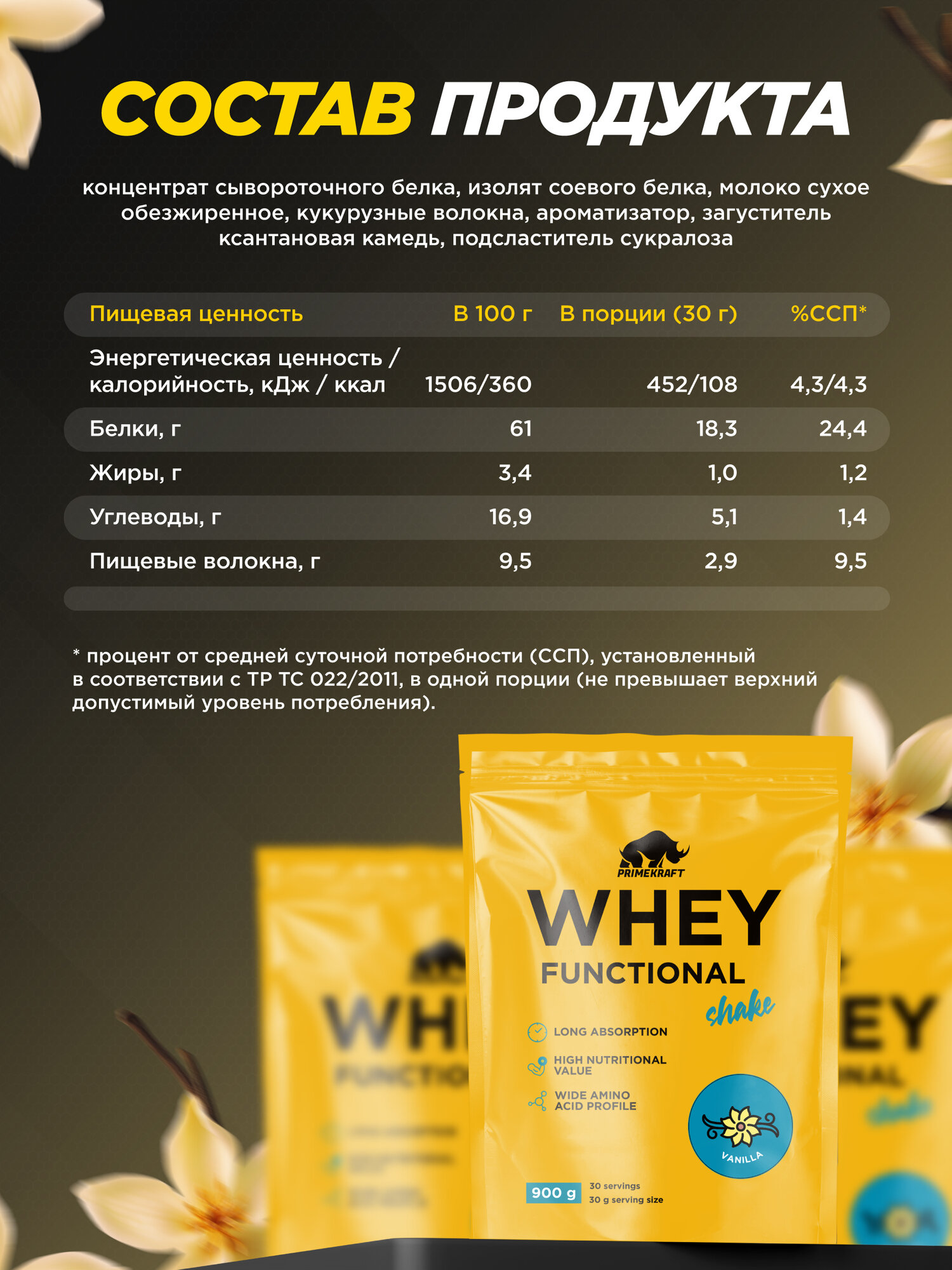 Протеин сывороточный PRIMEKRAFT Whey Functional Shake, Ваниль, 900 гр, дой пак — фото 1