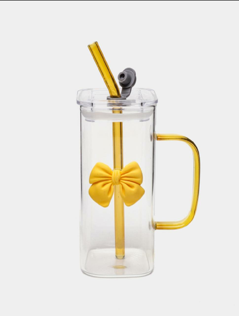 Стакан с трубочкой и бантиком Ribbon многоразовая стеклянная трубочка. желтая