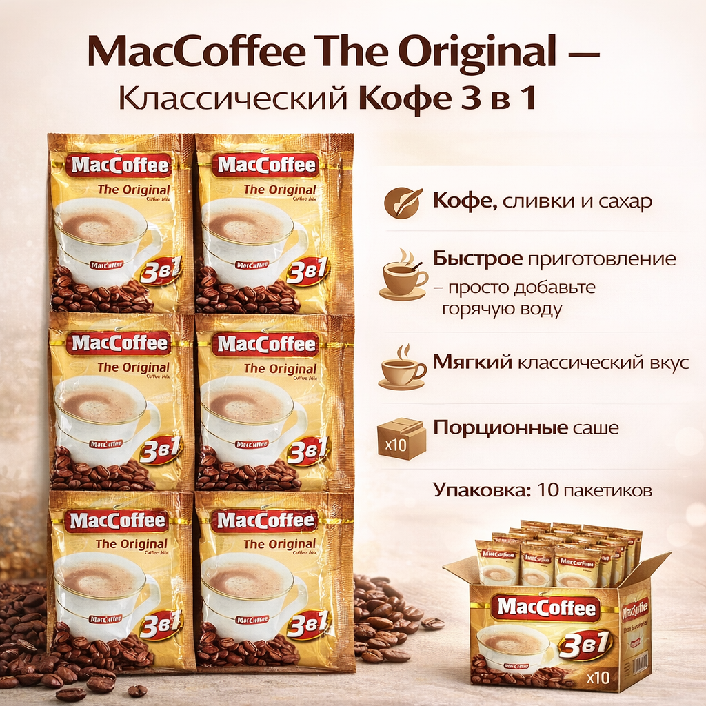 Кофе растворимый MacCoffee, 3 в 1, арабика/робуста, средняя обжарка, 20г, 10шт