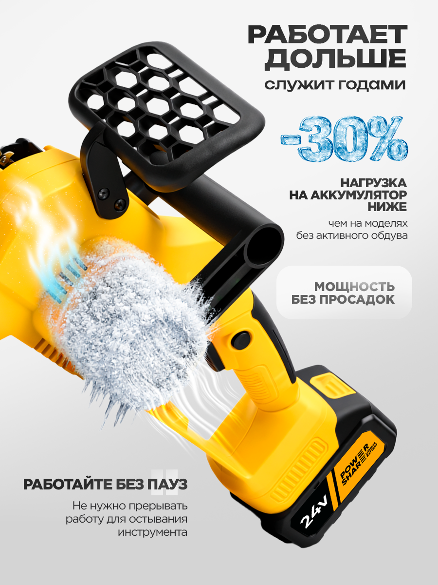 Цепная аккумуляторная пила HORDER 24В, 1200 Вт, 2 АКБ 6Ah, длина шины 30 см, бесщеточная, с аксессуарами — фото 1