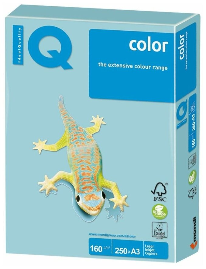 Бумага IQ color, А3, 160 г/м2, 250 л., пастель, голубая, MB30