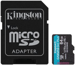 Карта памяти Kingston SDCG3 64 GB, чтение: 170 MB/s, запись: 70 MB/s, адаптер на SD, черный