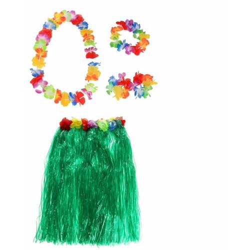 Гавайская юбка зеленая 60 см, ожерелье лея 96 см, венок, 2 браслета (набор) гавайская юбка оранжевая 60 см ожерелье лея 96 см венок 2 браслета набор