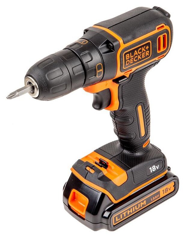 Аккумуляторная дрель-шуруповерт BLACK+DECKER BDCDC18KB, 18.0 В, 2 Li-Ion аккумулятора 1.5 Ач