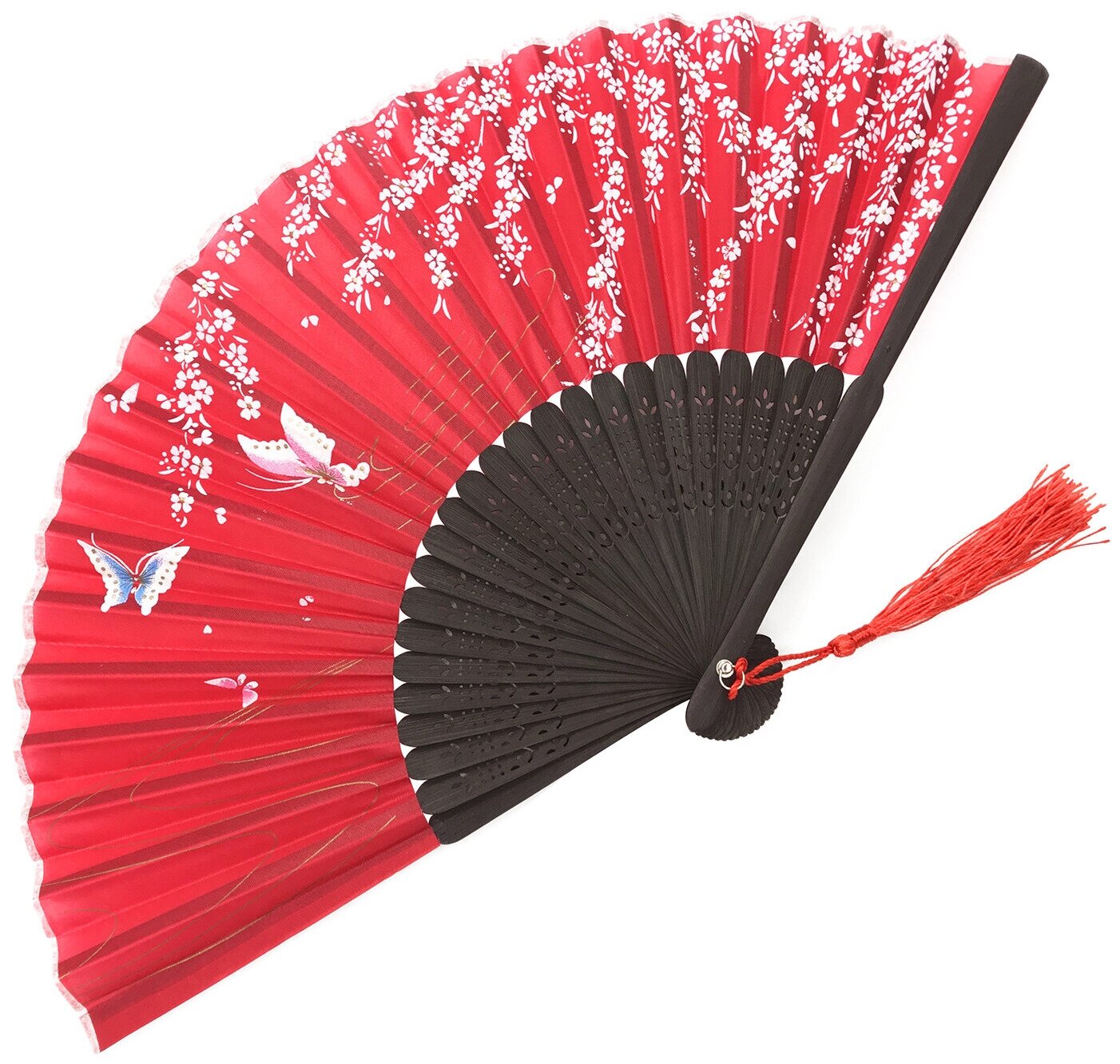 Деревянный красный складной тканевый веер с кисточкой для восточных танцев и фотосессии в японском и китайском стил - фотография № 10