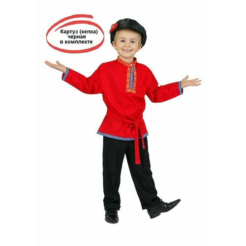 фото Русский народный костюм для мальчика русская рубашка косоворотка детская красная хлопок и картуз черный русский сарафан