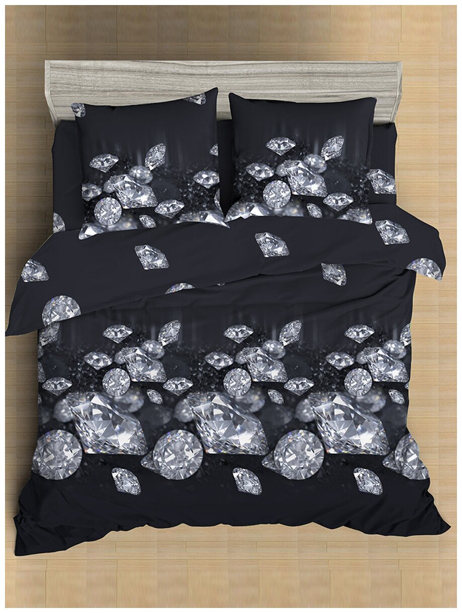 Постельное белье Amore Mio серия Макосатин Black, 1,5 спальный комплект, микрофибра, черный, с принтом кристаллы - фотография № 3