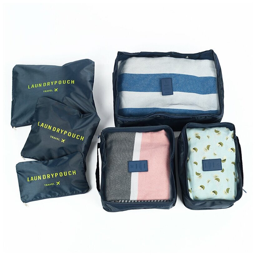 Дорожный органайзер для чемодана из 6 штук LAUNDRY POUCH, набор для путешествий и хранения вещей в чемодане, синий - фотография № 8