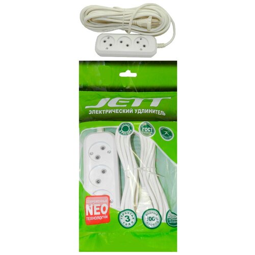Удлинитель Jett 155-203 РС-3 (провод ПВС 2х0.75) , 3 розетки, 3 м, б/з, 10А / 2200 Вт белый