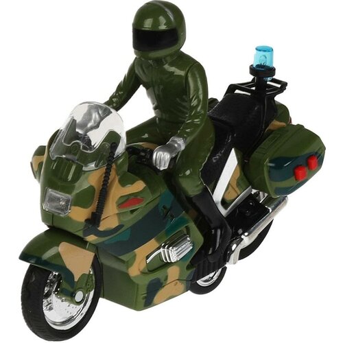 Мотоцикл пластиковый инерционный военный 15 см со светом и звуком технопарк MOTOFIG-15PLMIL-GN