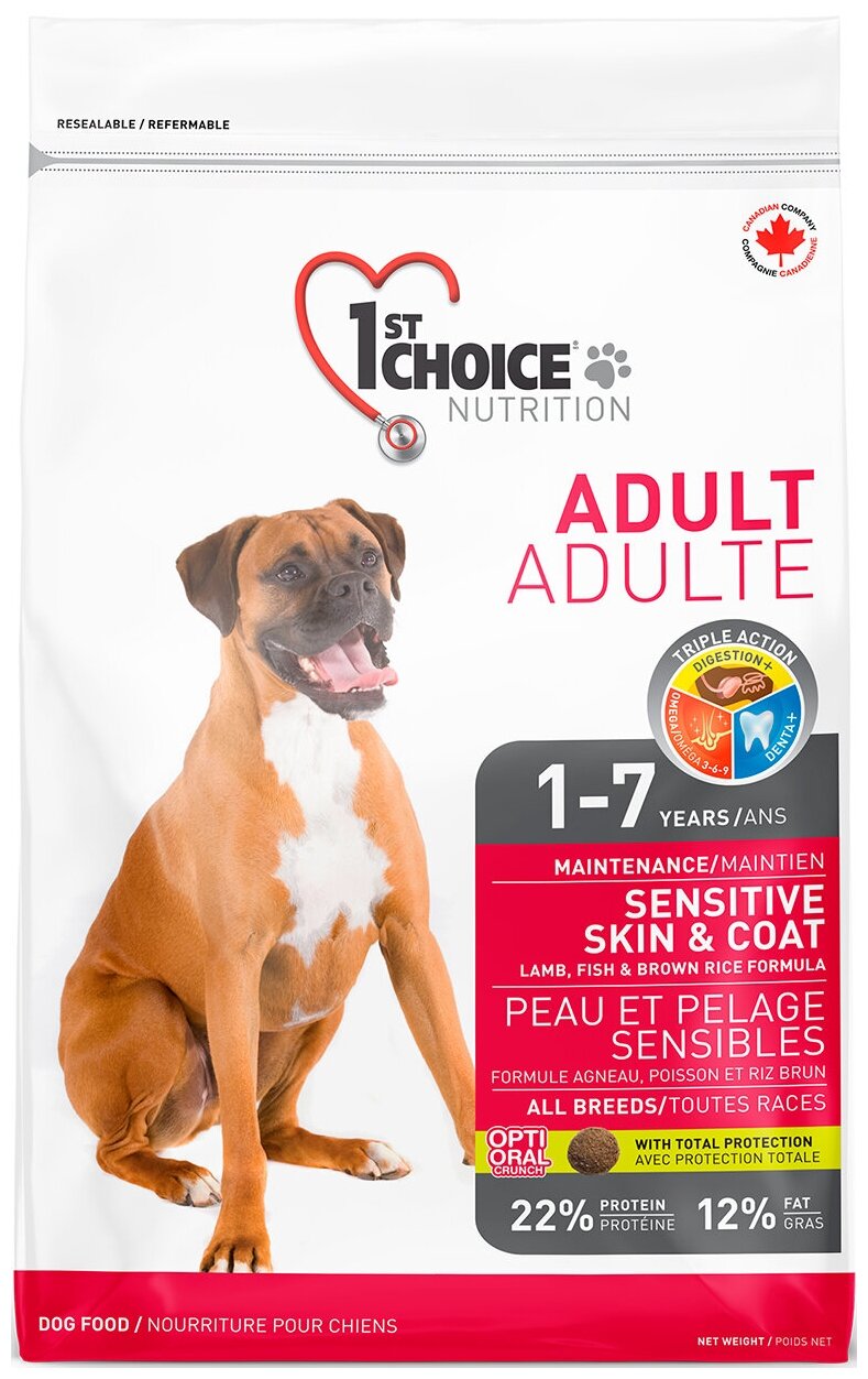 Корм 1st Choice Sensitive Skin & Coat для собак, для кожи и шерсти, с ягнёнком, рыбой и рисом, 2.72 кг