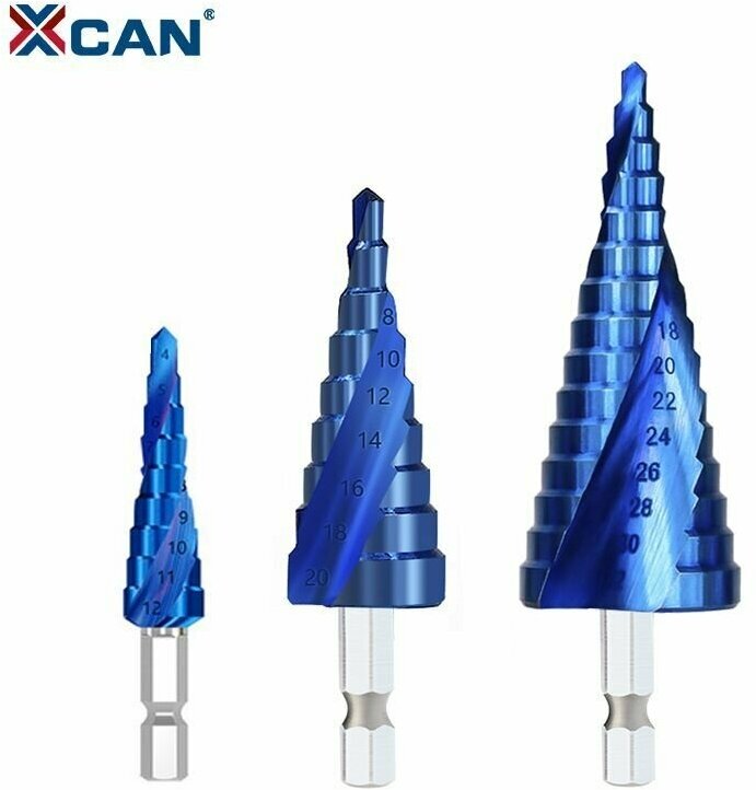 фото Набор ступенчатых сверл XCAN HSS спиральных с шестигранным хвостовиком нано-синее покрытие, 4-12/4-20/4-32 мм, в чехле