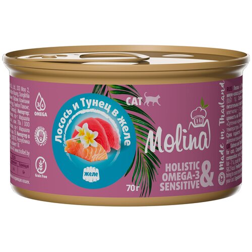 molina лакомство для кошек филе тунца ведро 200 г 7735 0 2 кг 60820 Корм Molina (в желе) для кошек, лосось и тунец, 70 г x 8 шт