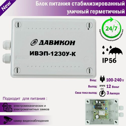 Изображение товара Профессиональный герметичный IP56 блок питания для уличного использования ИВЭП-1230У-К ( для электромеханических и электромагнитных замков)