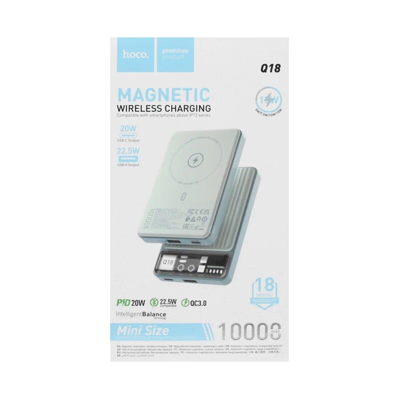 Магнитный Power Bank MagSafe с беспроводной зарядкой Hoco Q18 10000mAh Blue