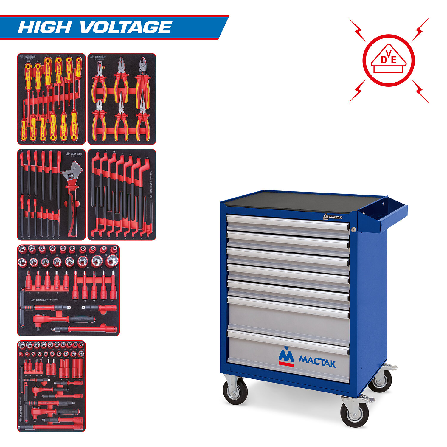 фото Набор инструментов "HIGH VOLTAGE" в синей тележке, 117 предметов KING TONY 934-117AMBE 934-117AMBE