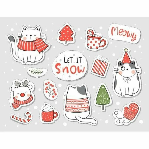 Наклейки стикеры зимний котик