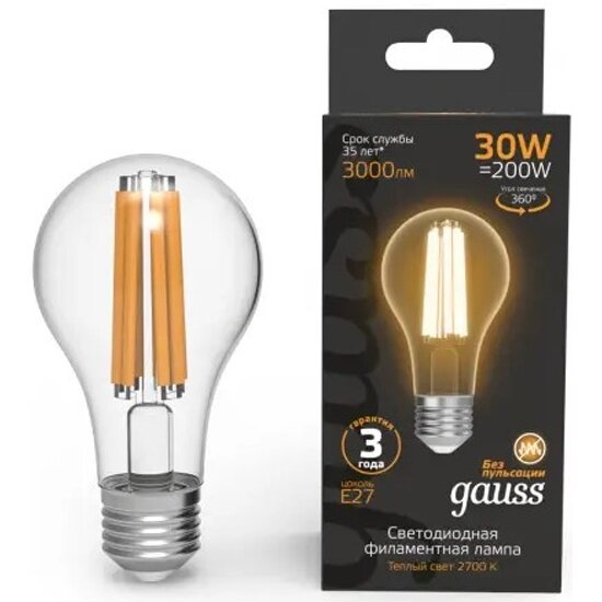 Светодиодная лампа Gauss Filament А70 30W 3000lm 2700К Е27 LED 1/10/40