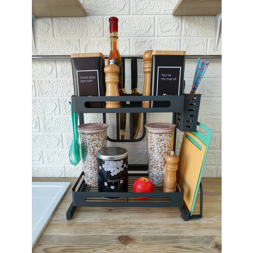 Полка для кухни Baizheng 38x17x42 см, 2 яруса, боковые держатели, серый