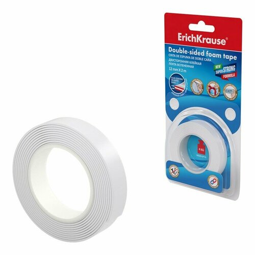 Клейкая лента двусторонняя 12 мм х 2 метра ErichKrause на вспененной основе белая блистер 2 штуки 450₽