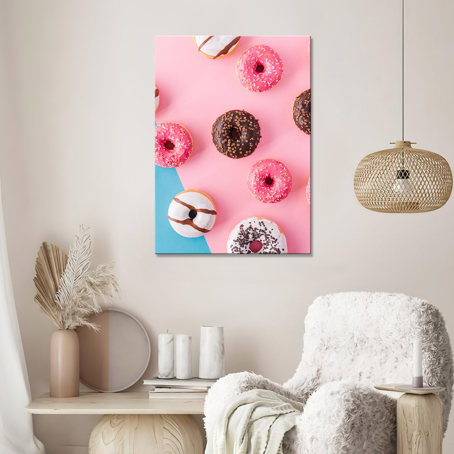 Картина/Картина на холсте для интерьера/Картина на стену/Картина для кухни/ - Пончики на розово-голубом фоне 20х30