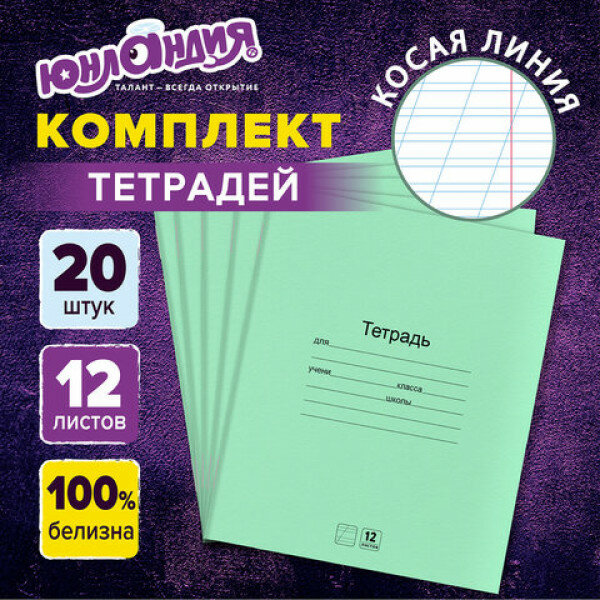 Тетради ДЭК 12 л. комплект 20 шт. с зелёной обложкой, юнландия, косая линия, 106743