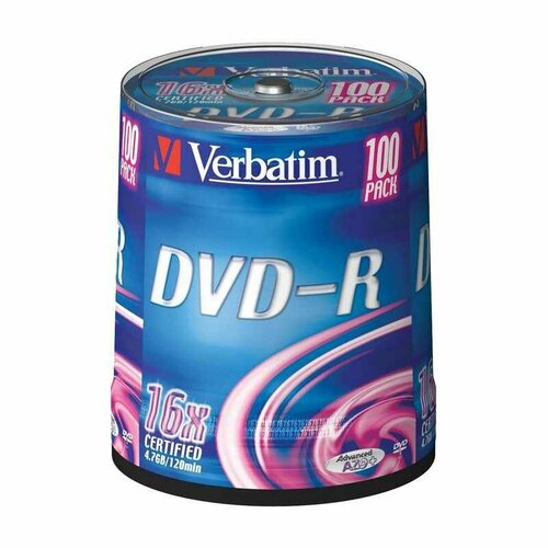 Носители информации DVD-R, 16x, Verbatim Azo Matt Silver, Cake/100, 43549