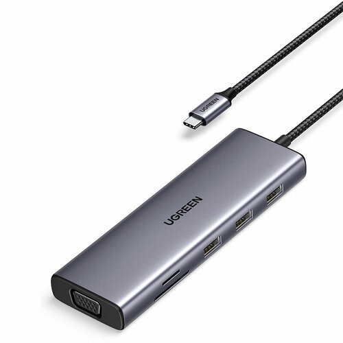 Конвертер Ugreen CM498 USB-C - 3xUSB 3.0 A+HDMI+VGA+RJ45 Gigabit+SD/TF+AUX3.5mm+PD Grey 15601