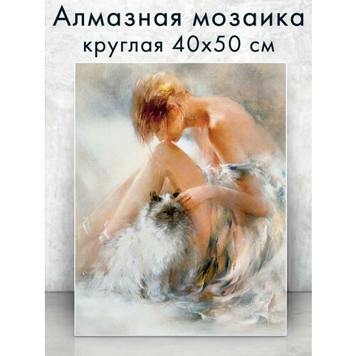 Алмазная мозаика (круг) Девушка с кошкой 40х50 см алмазная мозаика круг девушка у зеркала 40х50 см