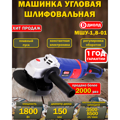 Угловая шлифовальная машина болгарка УШМ шлифмашина 1800Ватт 150мм регулировка оборотов плавный пуск константная электроника 620000₽