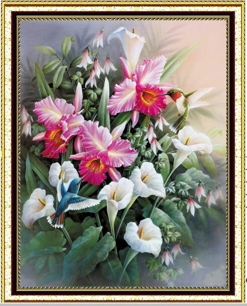 Алмазная мозаика цветы и колибри на подрамнике 40х50см круглые стразы HWA 3279