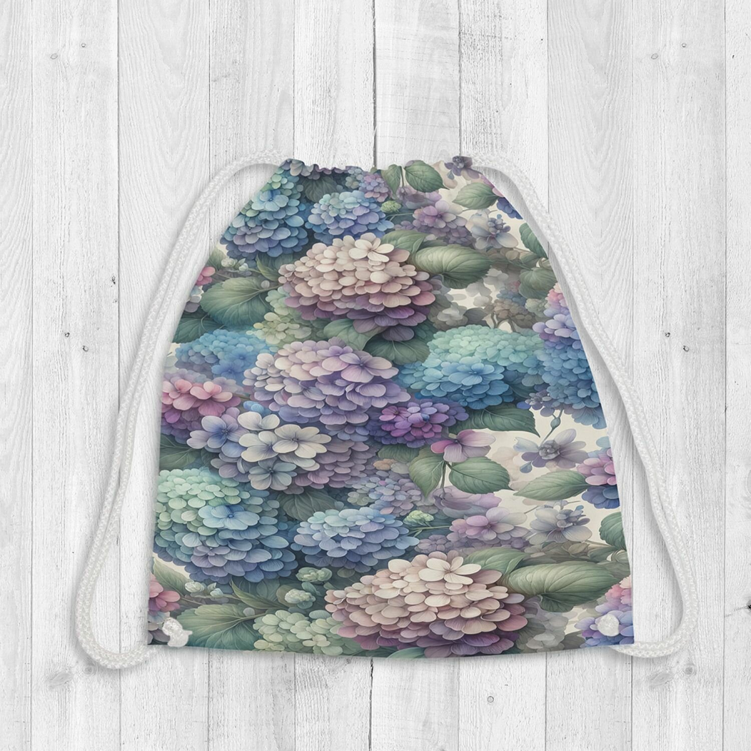 фото Сумка рюкзак-мешок для обуви и вещей с принтом "Поле гортензий", JoyArty, 38x40см