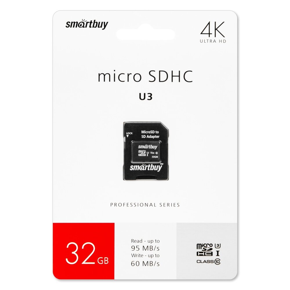 Карта памяти Smartbuy PRO U3 32GB Class 10 micro SDHC с адаптером SD