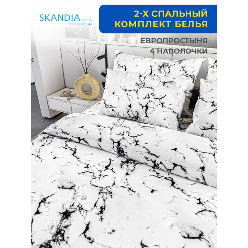 фото Комплект постельного белья skandia design by finland 2-x спальный с евро простыней, двухспальный, микро сатин, 4 наволочки, x100 белый мрамор